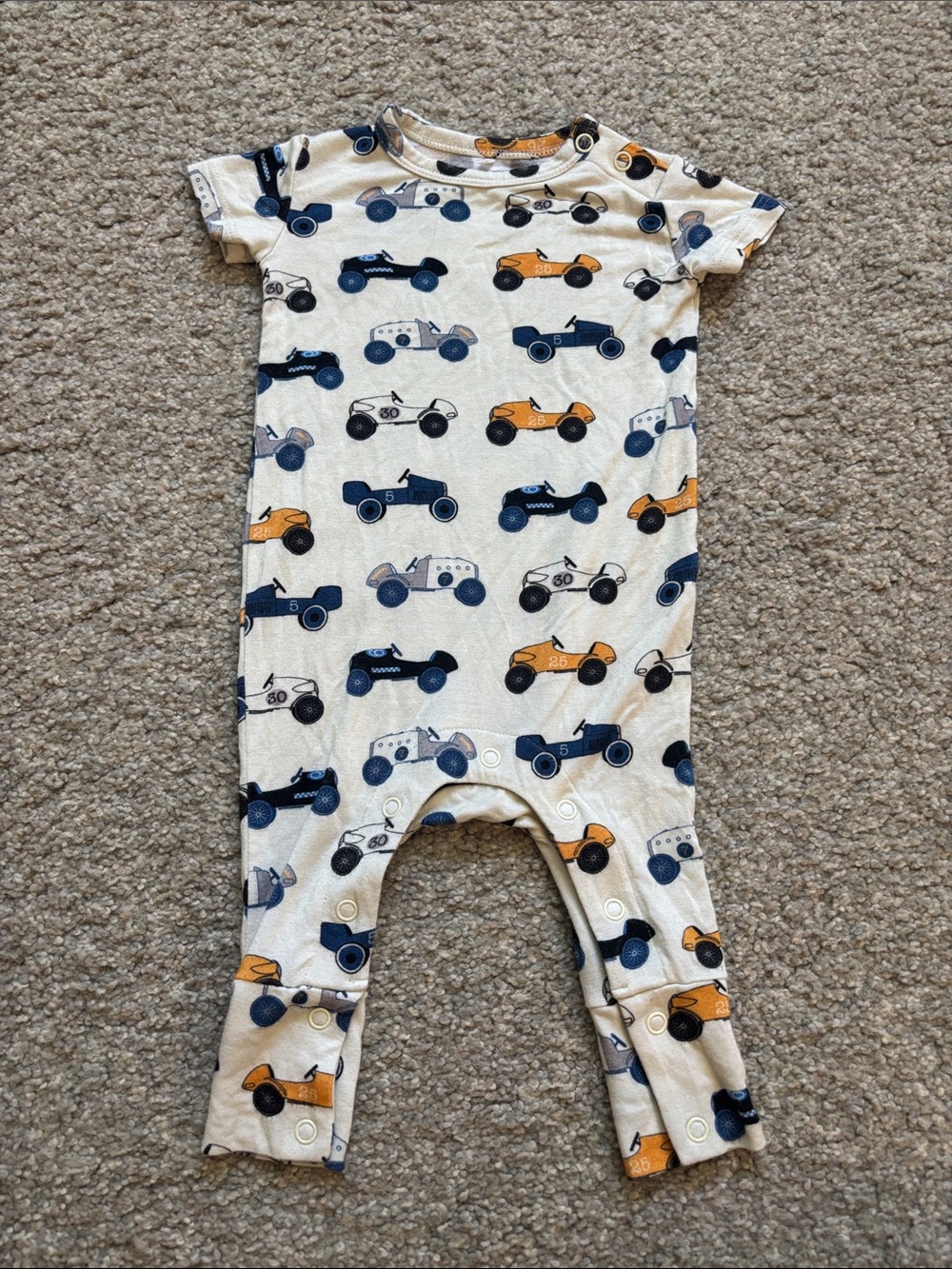 Posh Peanut Cream One-Piece with Navy and Orange Race Cars 0-3m